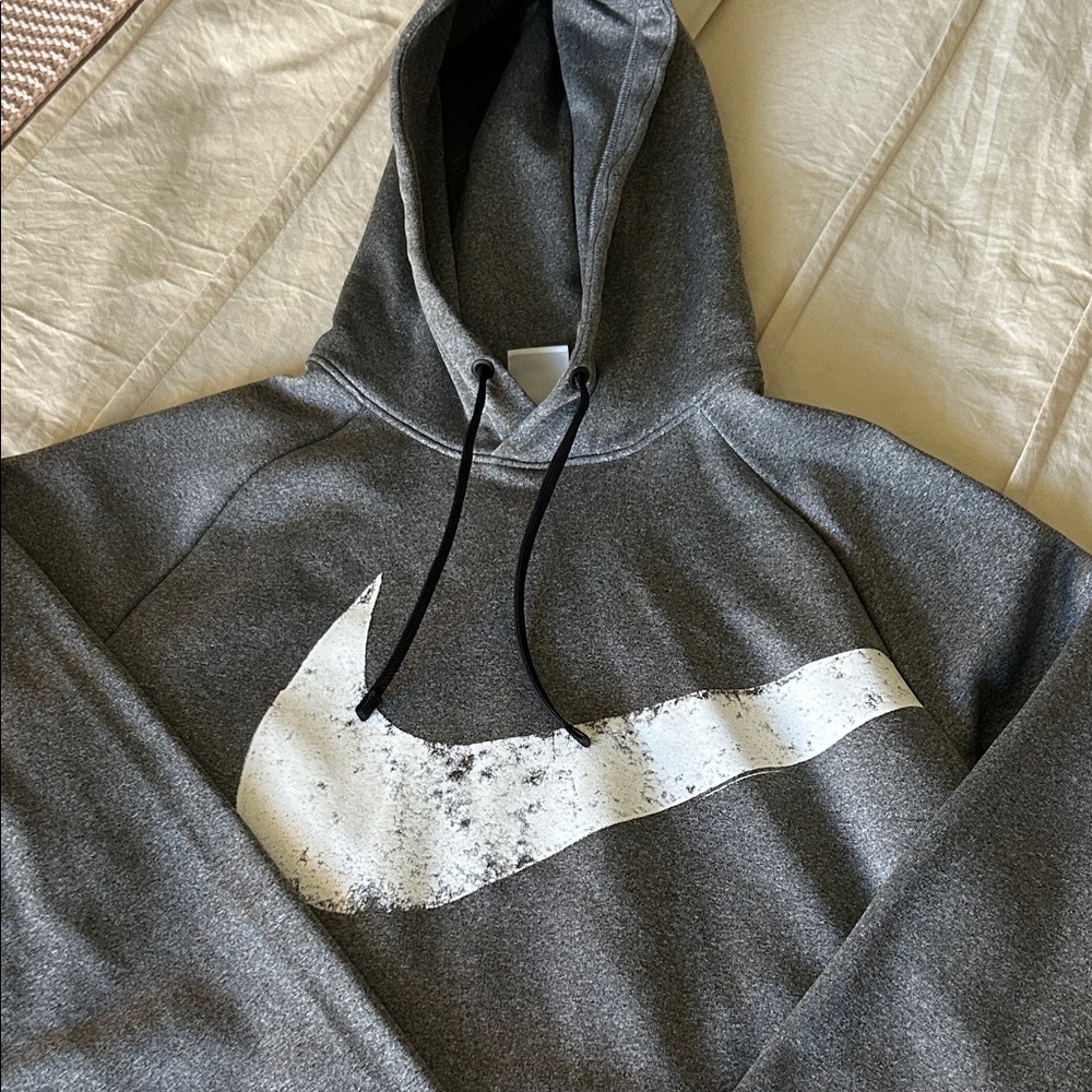 Nike Gray Therma-FIT Pullover Hoodie with Black Drawstrings